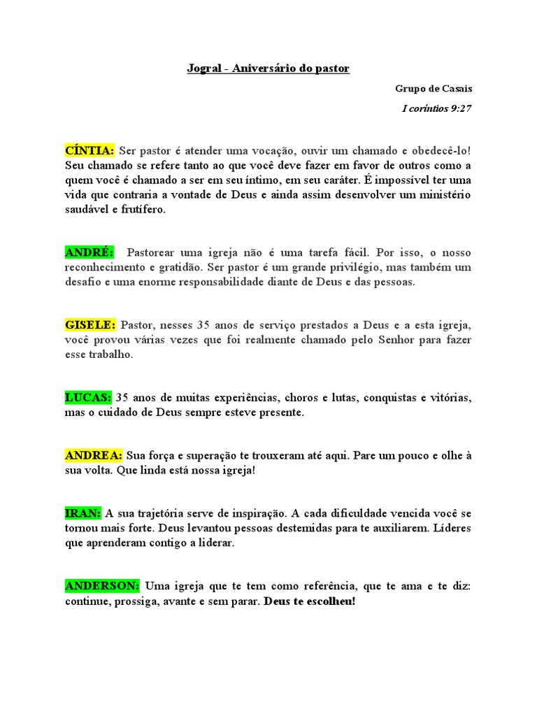 Jogral de Aniversário do Pastor | PDF