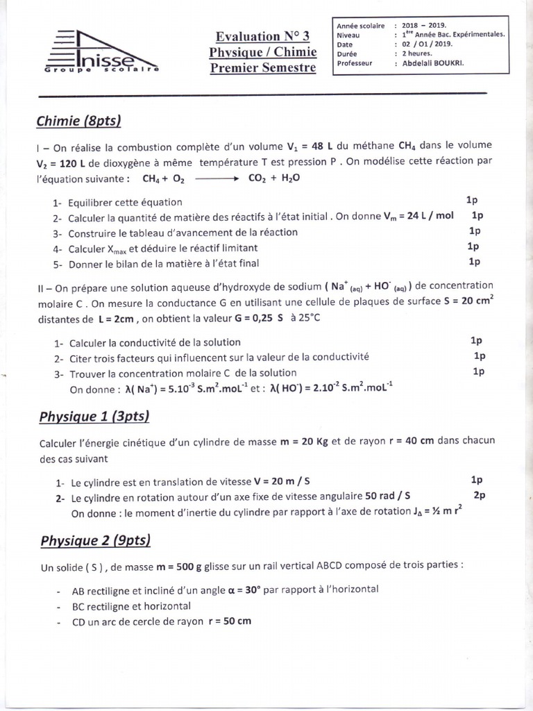 Devoir 3 Modele 9 Physique Chimie 1er Bac Semestre 1 3 | PDF
