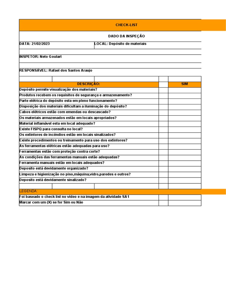 Check-list de inspeção no depósito de materiais identifica itens a ...