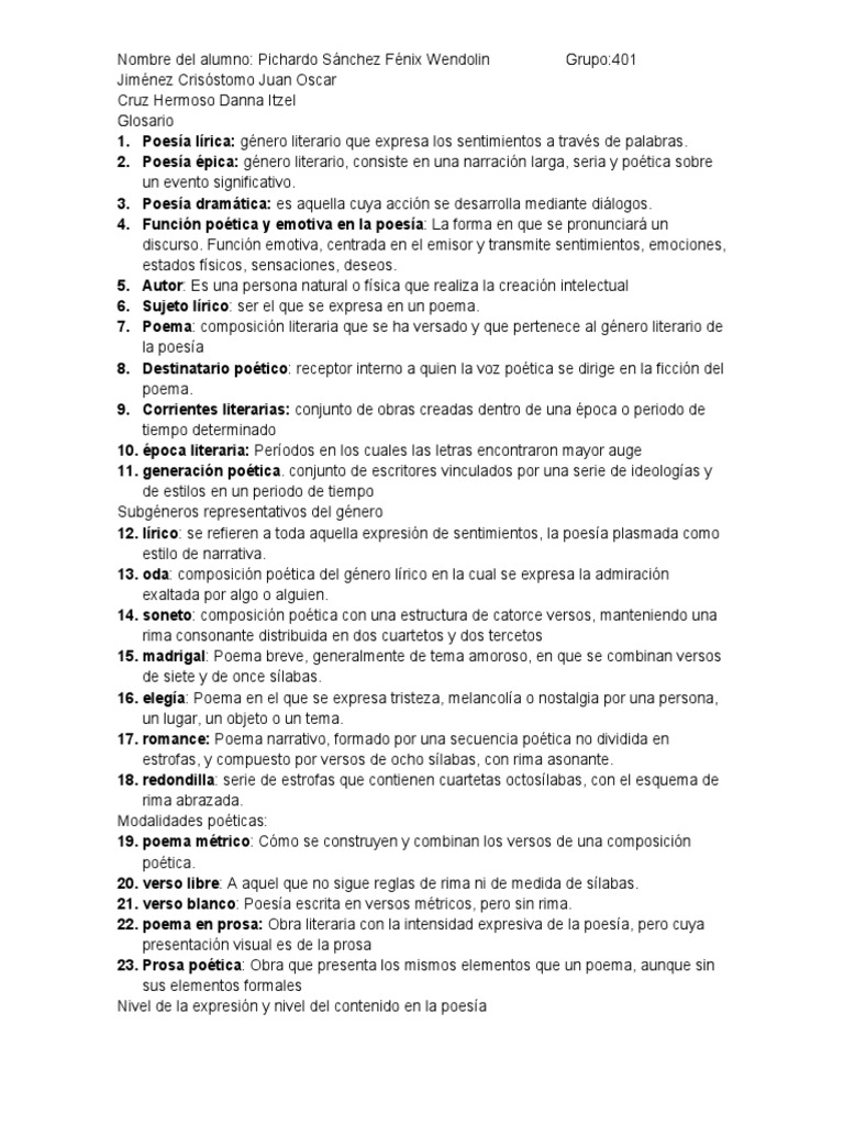 Glosario de términos poéticos y elementos de la expresión lírica | PDF ...