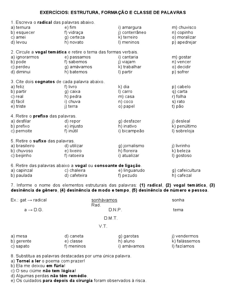 EXERCÍCIOS-Estrutura Formação e Classe de Palavras 09.03.10 | PDF ...
