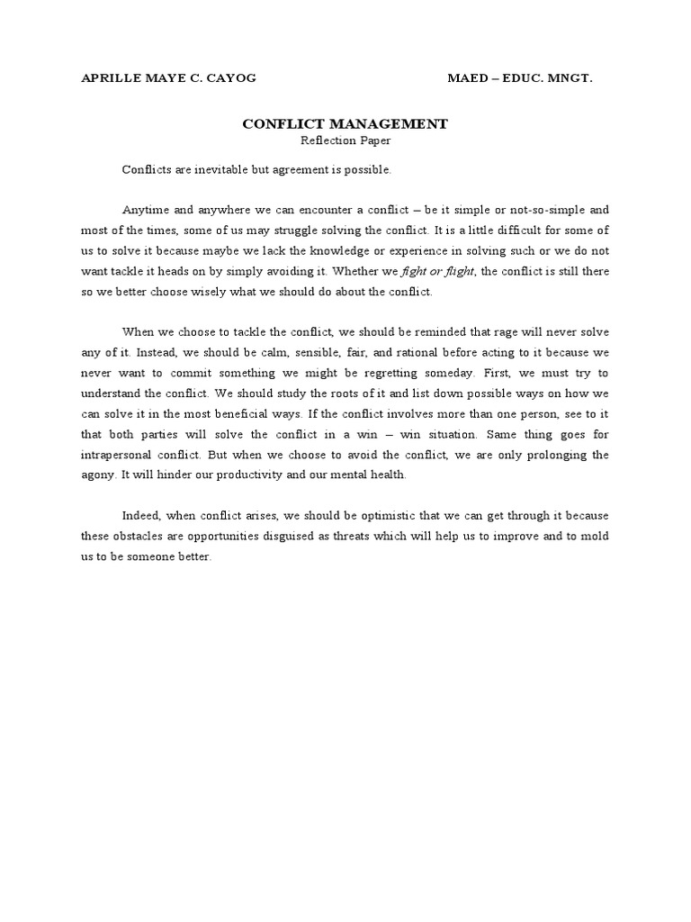 Conflict Management Reflection Essay | PDF