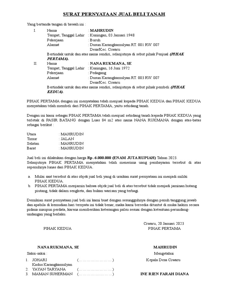 Surat Jual Beli Tanah Kuningan 2023 | PDF