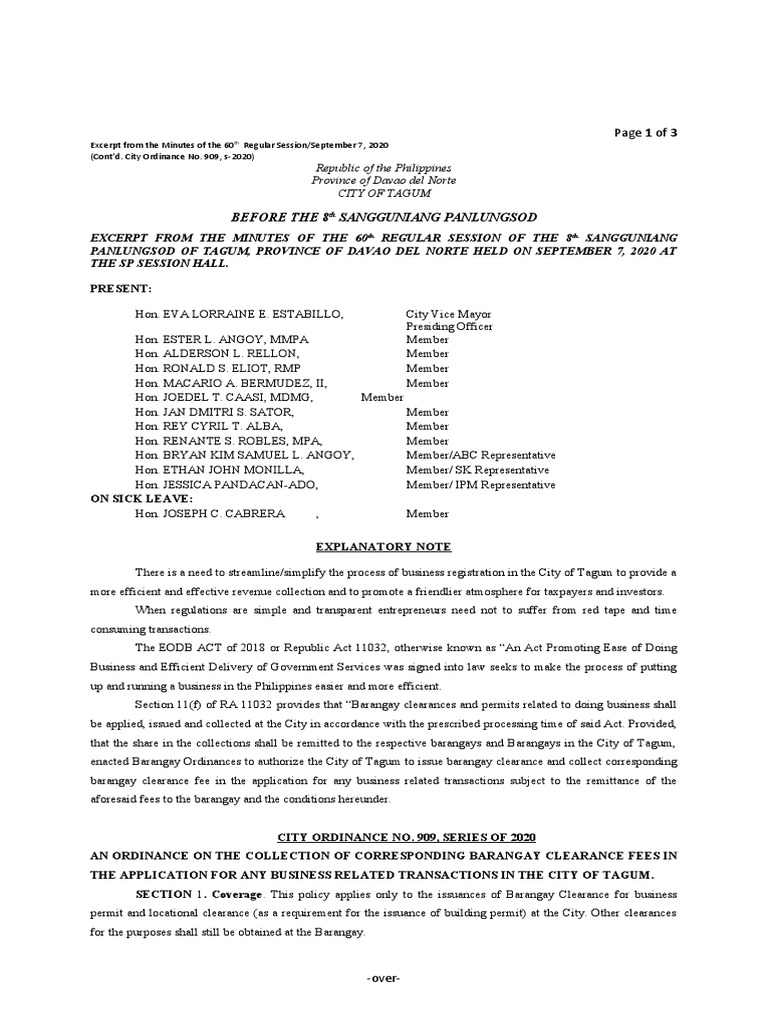 Co 909 20 Collection of Corresponding Barangay Clearance Fees in The