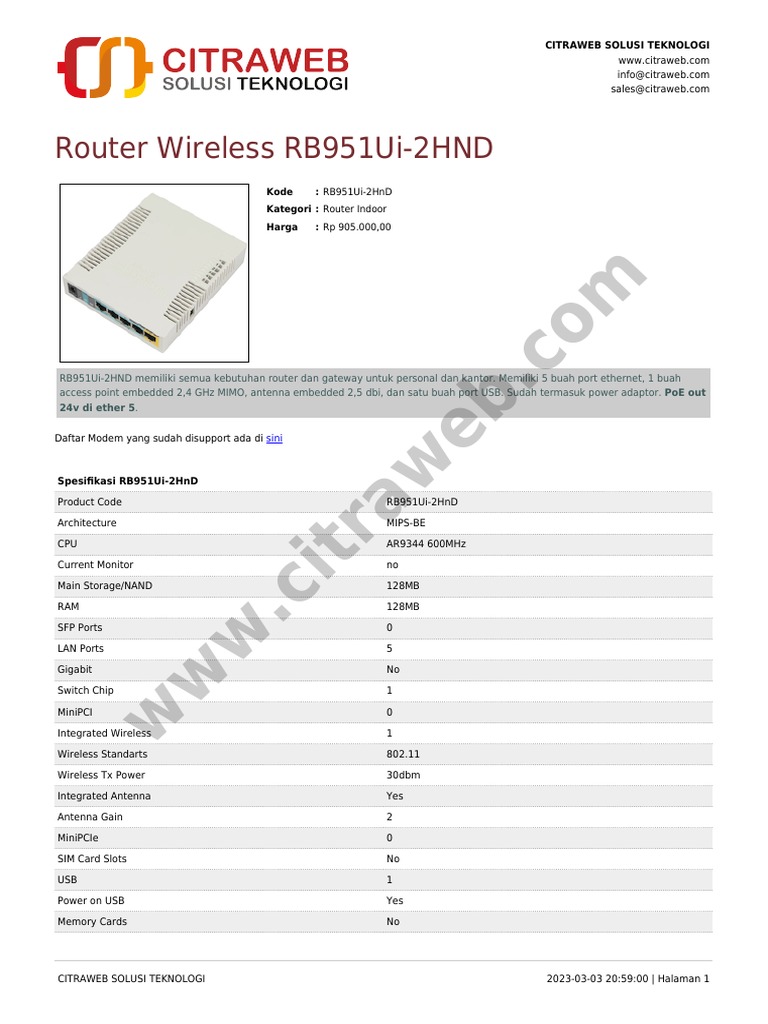 Router Wireless RB951Ui-2HND Spesifikasi dan Harga | PDF