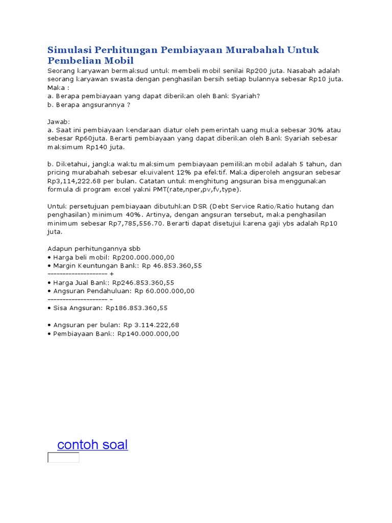 Simulasi Perhitungan Pembiayaan Murabahah Untuk Pembelian Mobil Pdf