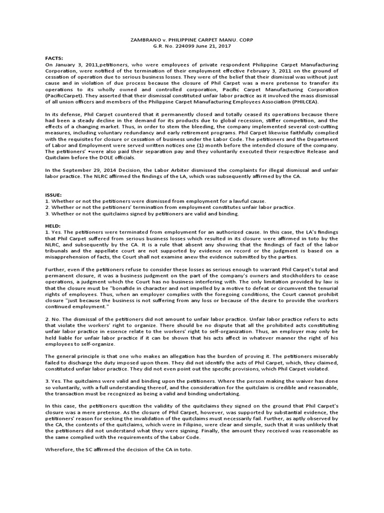 ZAMBRANO v. PHILIPPINE CARPET MANU. CORP PDF Employment Unfair