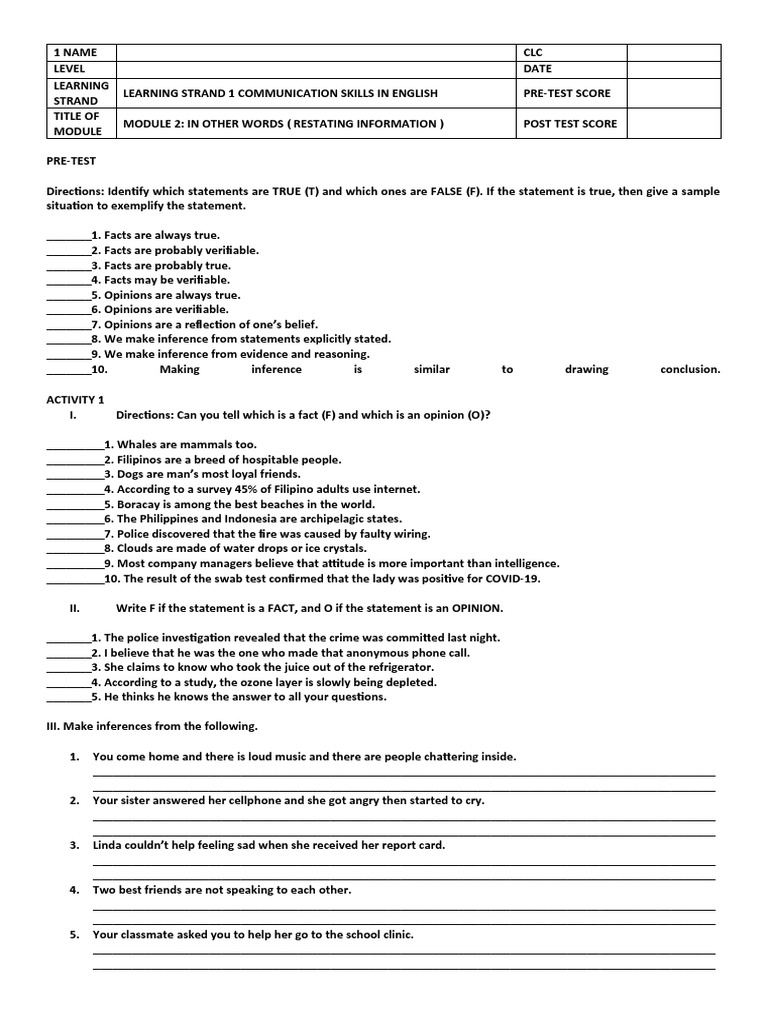 Communication Skills Module 2: Inferences | PDF | Inference | Cognition
