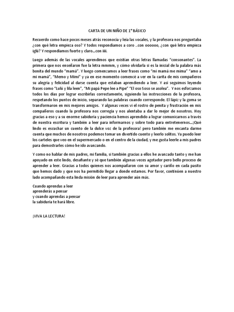 CARTA DE UN NIÑO DE 1° Básico | PDF
