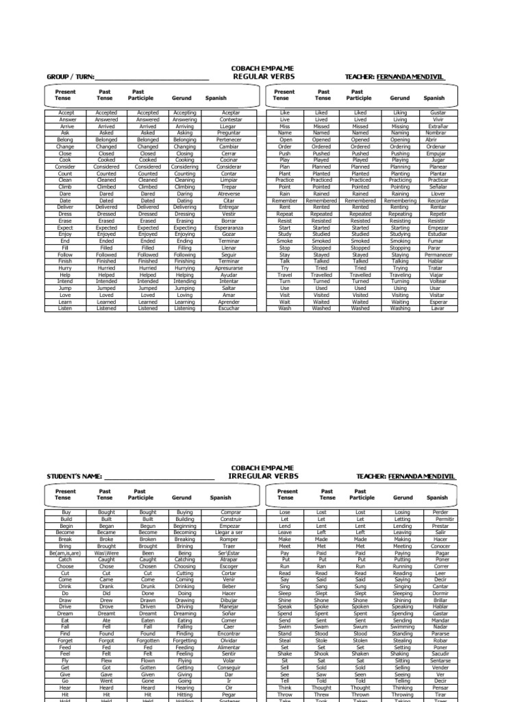 LISTA DE Verbos Regulares e Irregulares | PDF | Semantic Units ...