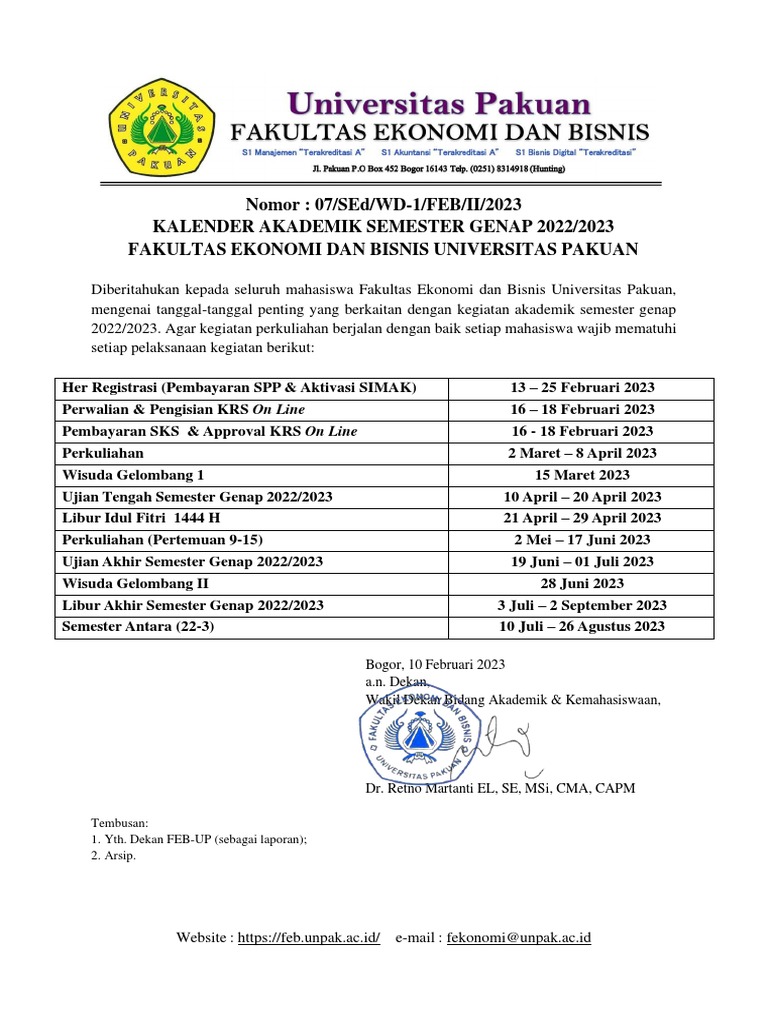 Kalender Akademik FEB Unpak 2023 | PDF | Sains & Matematika