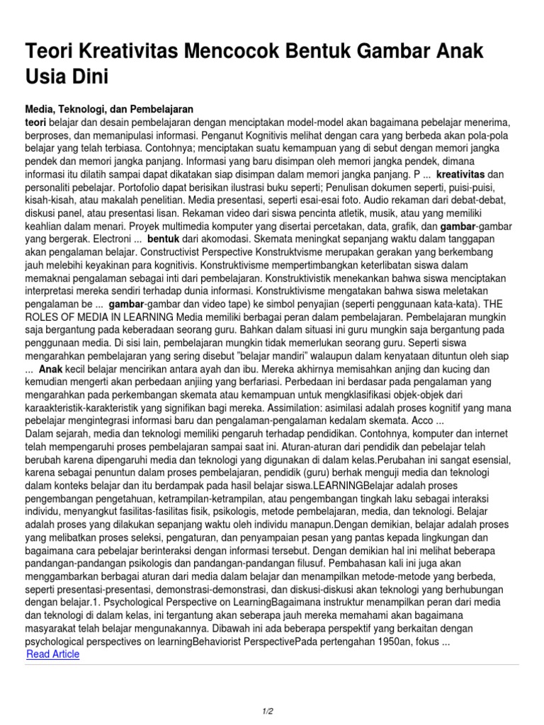 Teori Kreativitas Mencocok Bentuk Gambar Anak Usia Dini | PDF