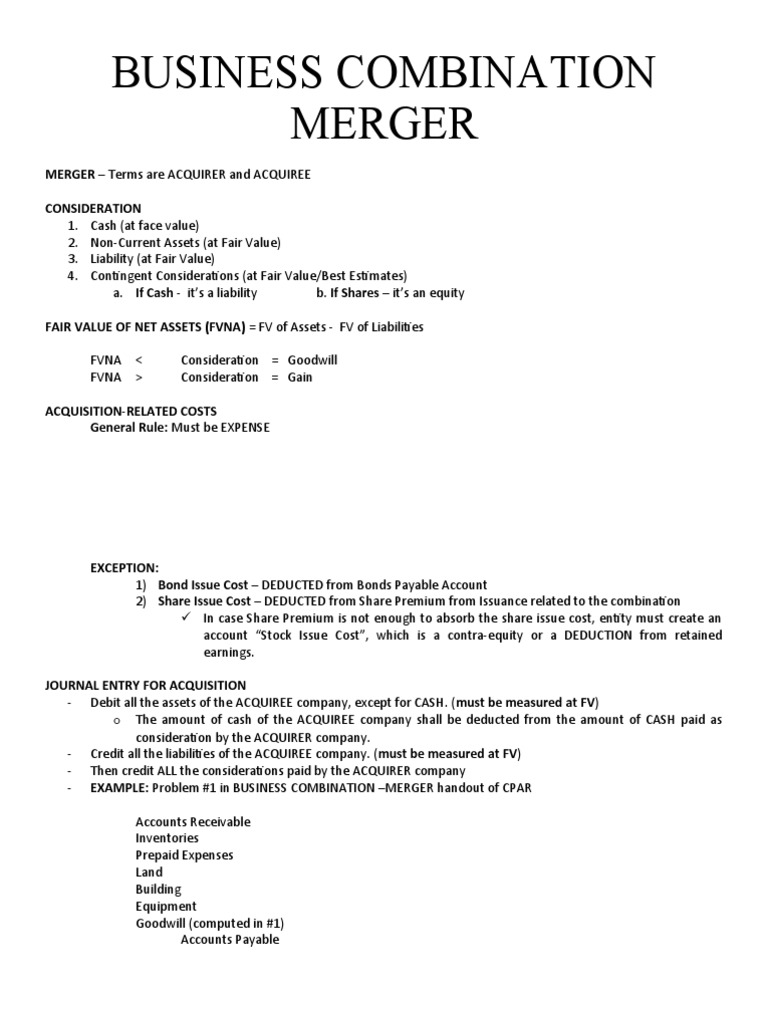 Business Combination PDF Debits And Credits Book Value