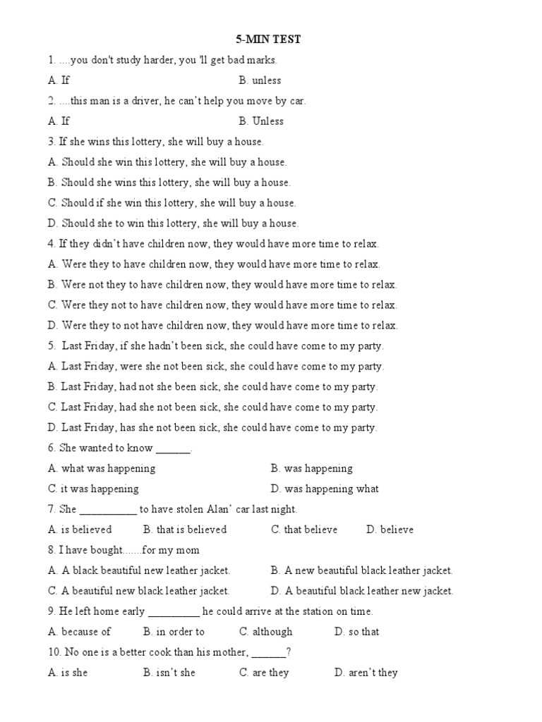 Conditional Sentences and Special Cases Practice Test PDF