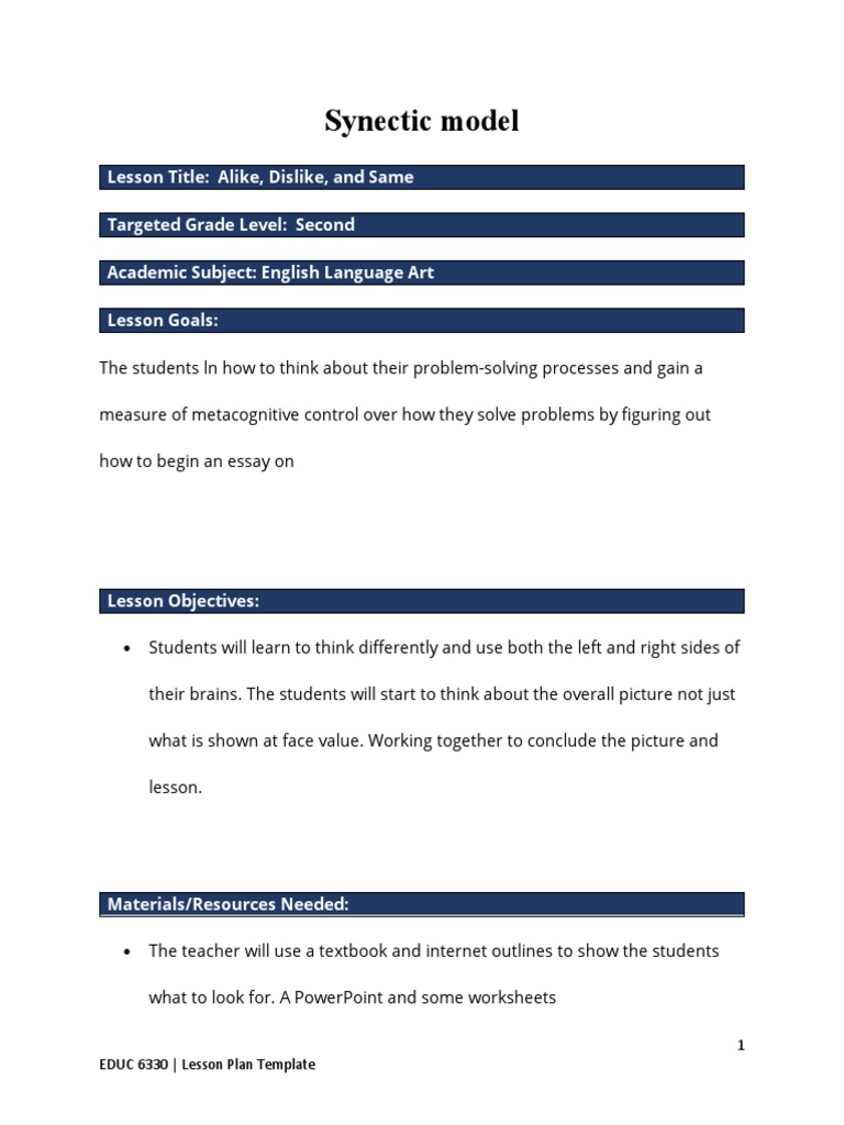 Synectic Model Lesson Plan PDF Lesson Plan Teachers