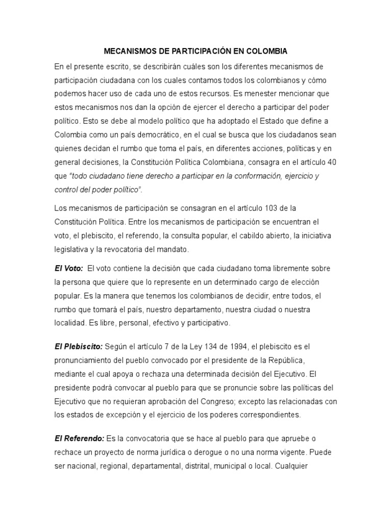 Mecanismos de Participación Ciudadana en Colombia | PDF | Iniciativa ...