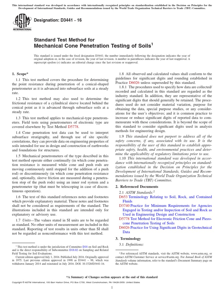 D3441 Mechanical Cone Penetration Testing of Soils PDF | PDF | Physical ...