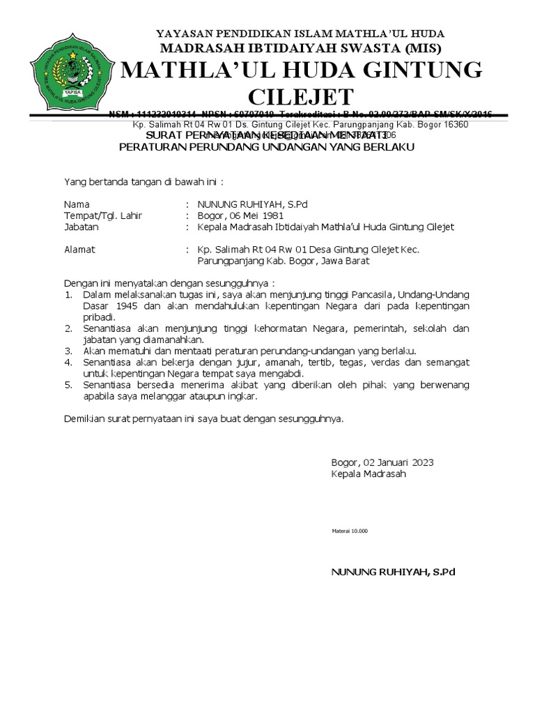 Pernyataan Kesediaan Mentaati Peraturan dan Perundang-undangan | PDF