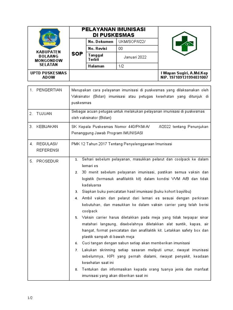 SOP Imunisasi Puskesmas Bolaang Selatan | PDF | Sai…