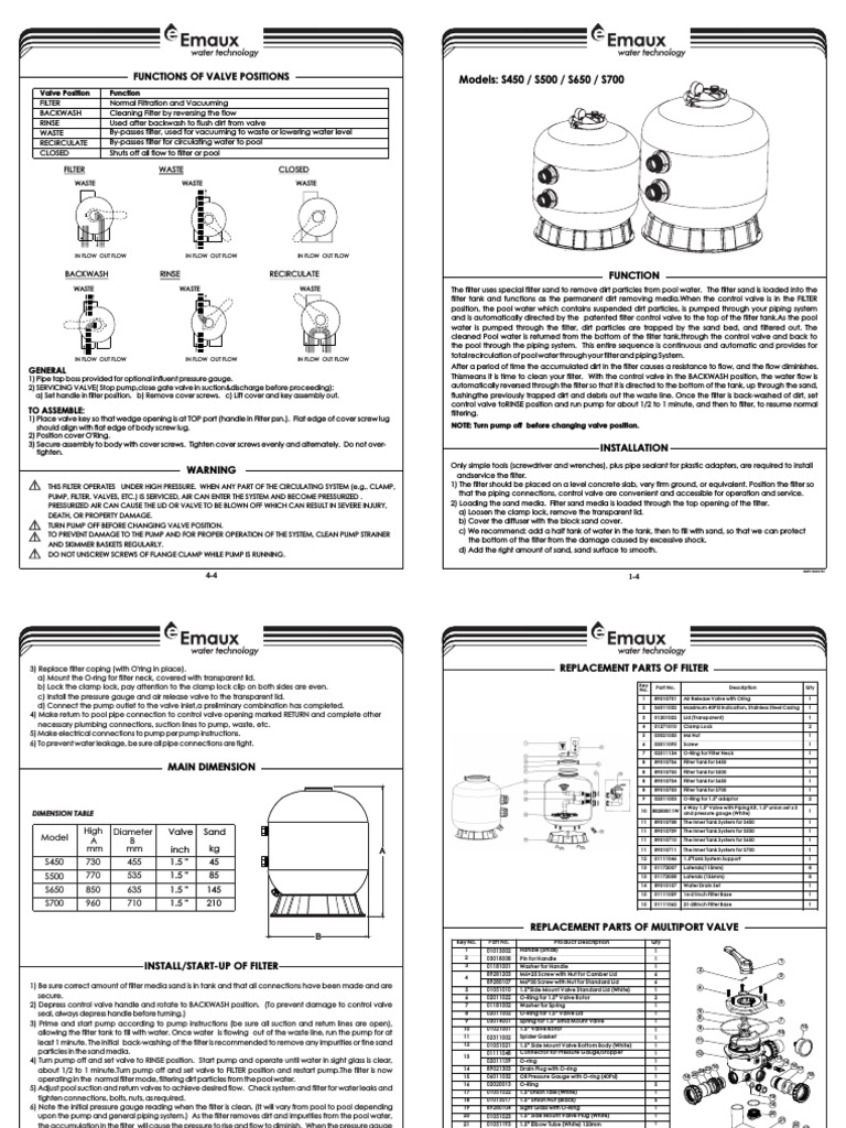 s450 700 Filter Manual PDF Pump Filtration