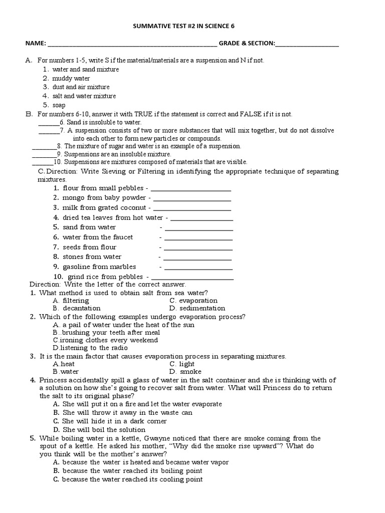 Science Test on Mixtures and Evaporation | PDF | Water | Mixture