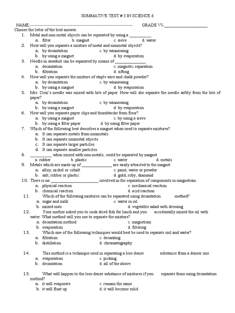 Summative Test3-Science | PDF | Filtration | Mixture