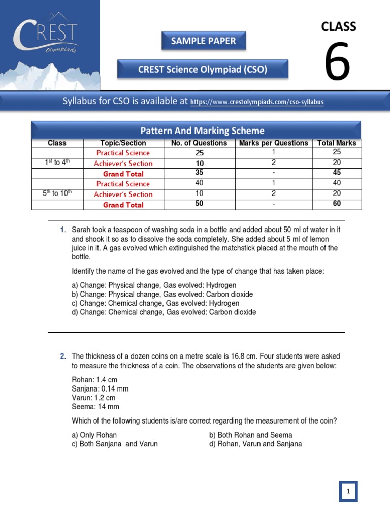 Class 6 CSO Sample Paper with Answers | PDF | Flowers | Magnet