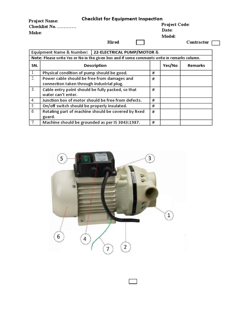Checklist For Equipment Inspection Electrical Pump Motor | PDF