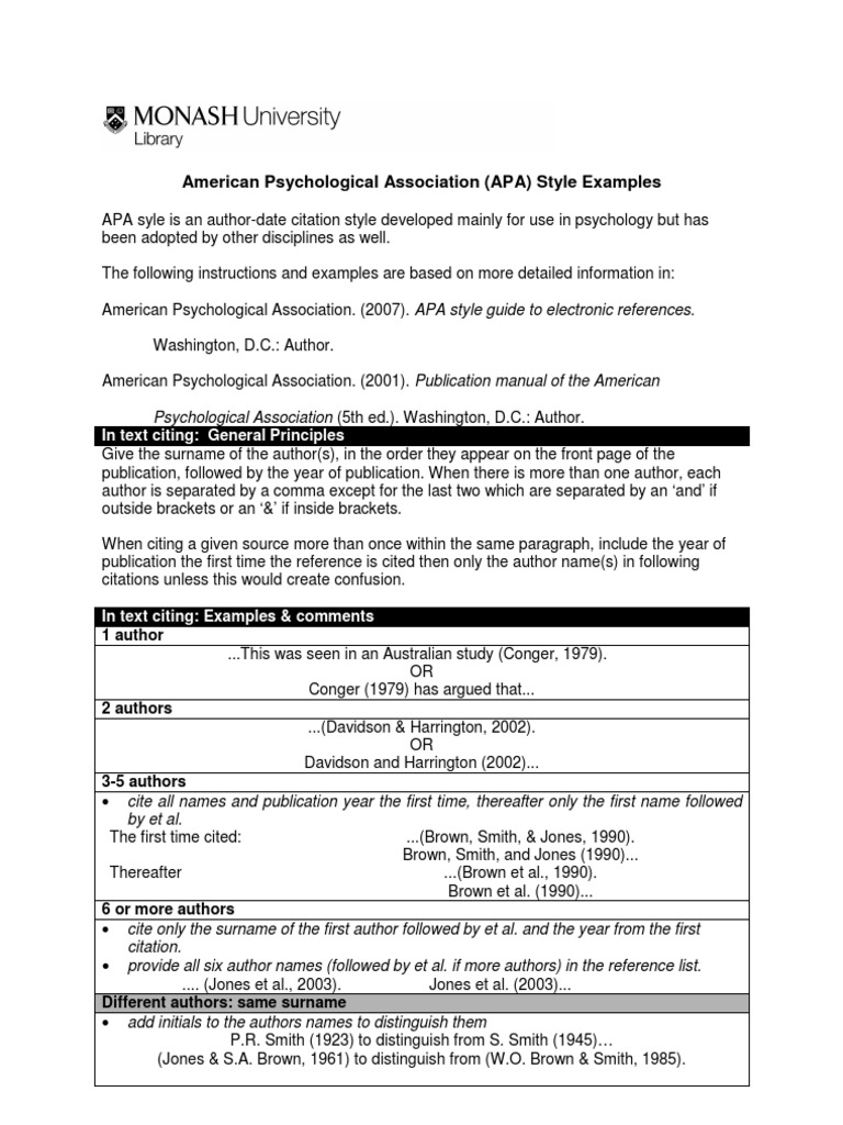 American Psychological Association (APA) Style Examples: in Text Citing ...
