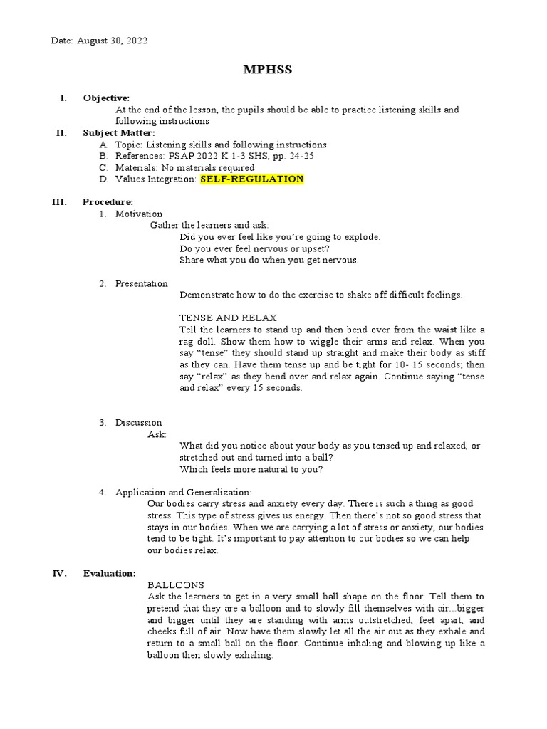 MPHSS Lesson Plan Day 4 | Download Free PDF | Learning | Psychological ...