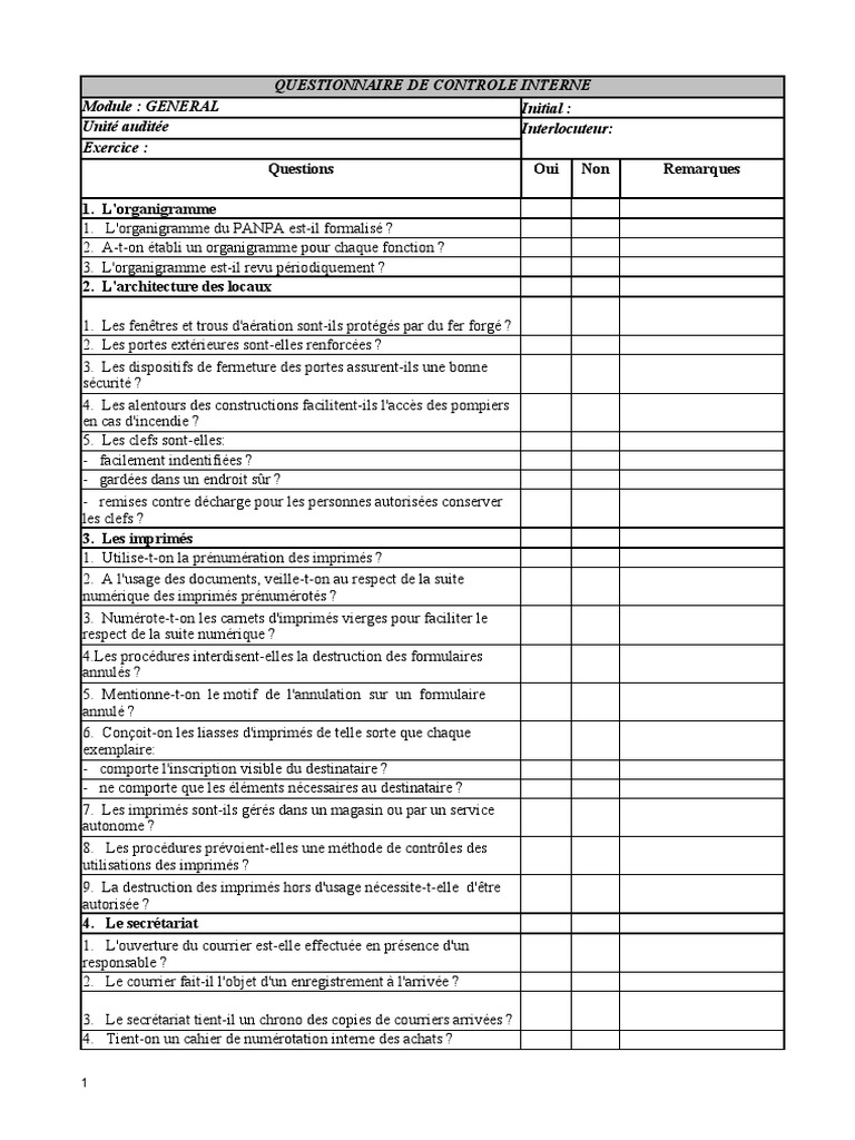 Questionnaire de Controle Interne Panpa | PDF | Facture | Contrôle interne