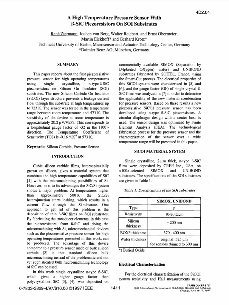High Temperature Piezoresistive Pressure Sensor Using Silicon Carbide