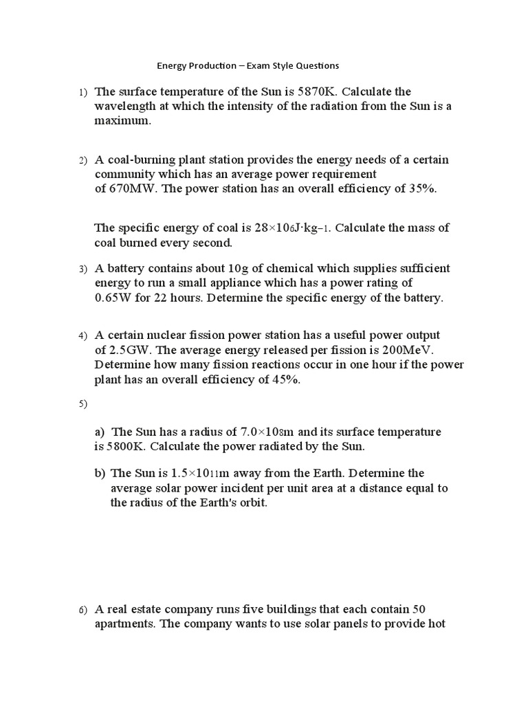 Energy ProductionExam Style Questions PDF