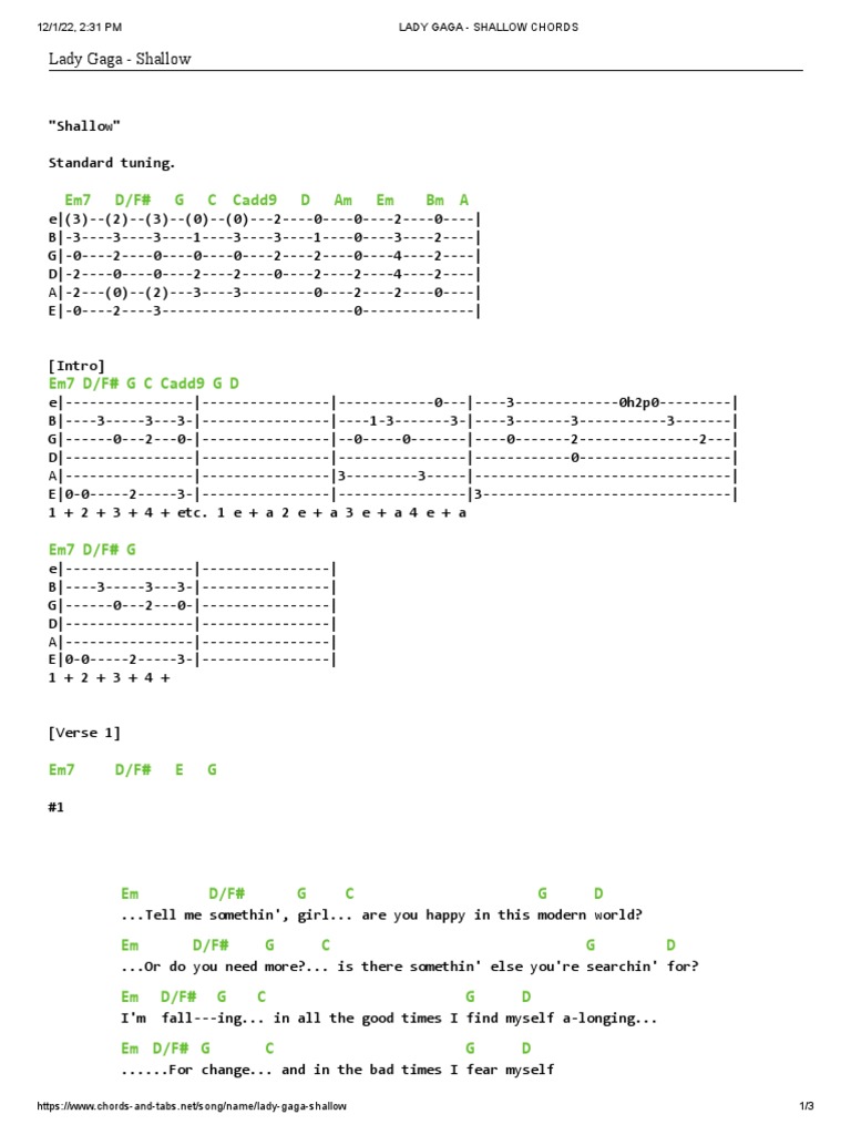 Lady Gaga Shallow Chords Download Free PDF Song Structure