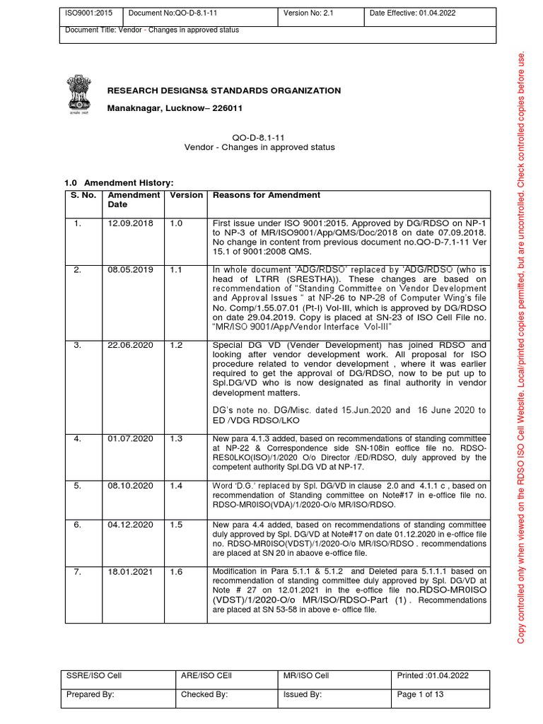 RDSO Changes in Approved Vendors Regulation PDF PDF Iso 9000 Audit