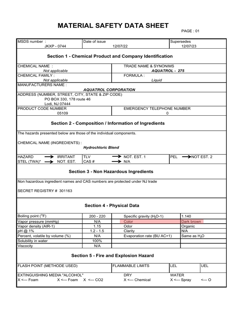 Safety Data Sheet Chemical Aquatrol - 275-1 | PDF | Water | Materials for Free Printable Msds Sheets Online
