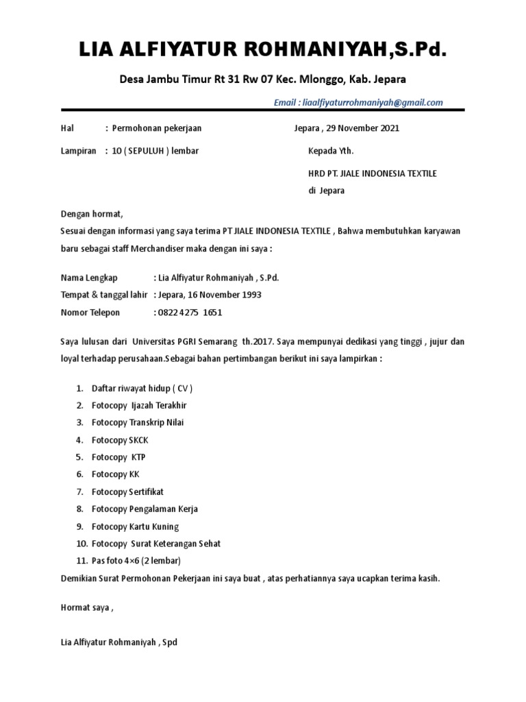 Surat Lamaran PT Jiale Indonesia Textile PDF
