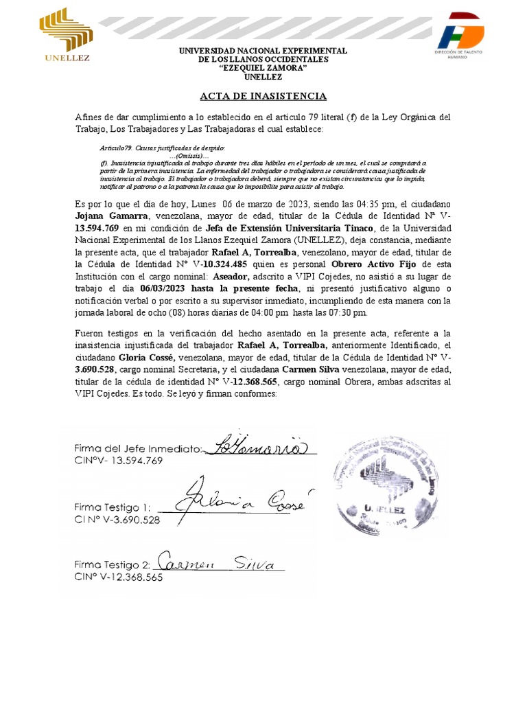 Acta de Inasistencia Laboral UNELLEZ | PDF | Venezuela | Gobierno