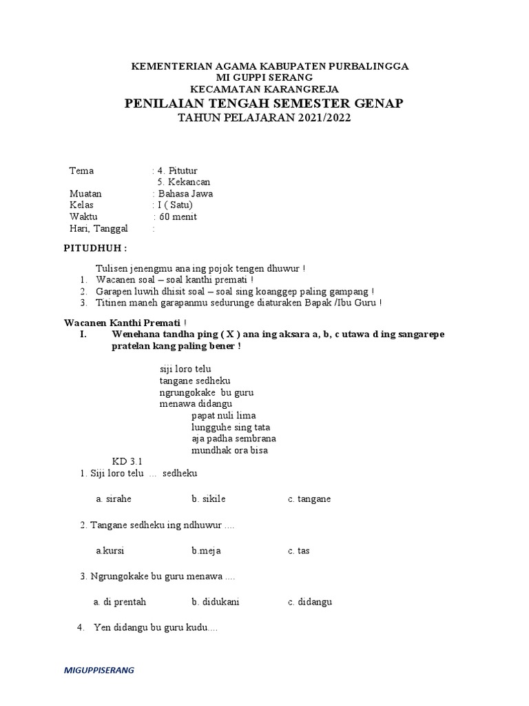 Soal PTS 2 Bhs Jawa Kl. 1 PDF