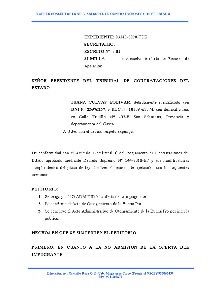 Absolucion Al Recurso de Apelacion Juana Cuevas | PDF | Judicaturas