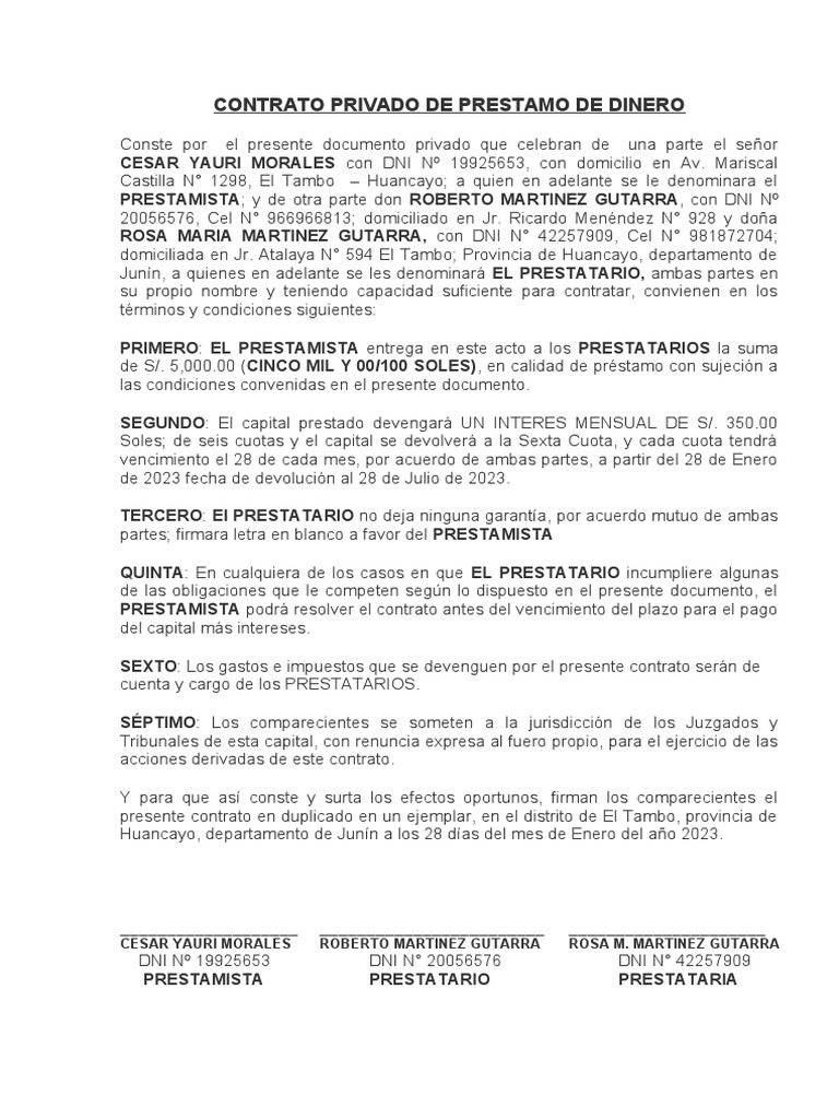 Contrato de Prestamo de Dinero | PDF | Derecho privado