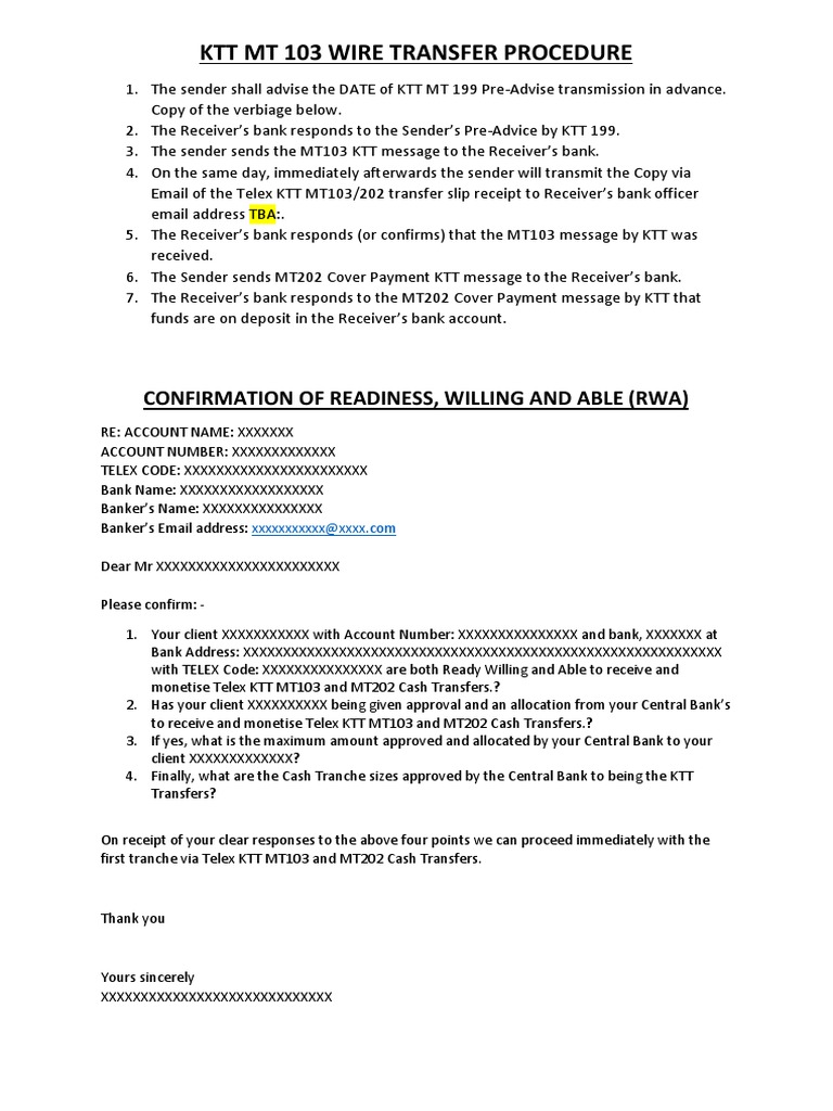 KTT MT103 Wire Transfer Procedure Guide | PDF | Law