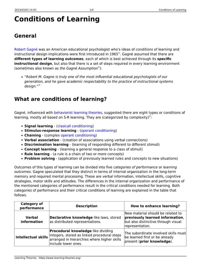 Gagné's Conditions of Learning Explained | PDF