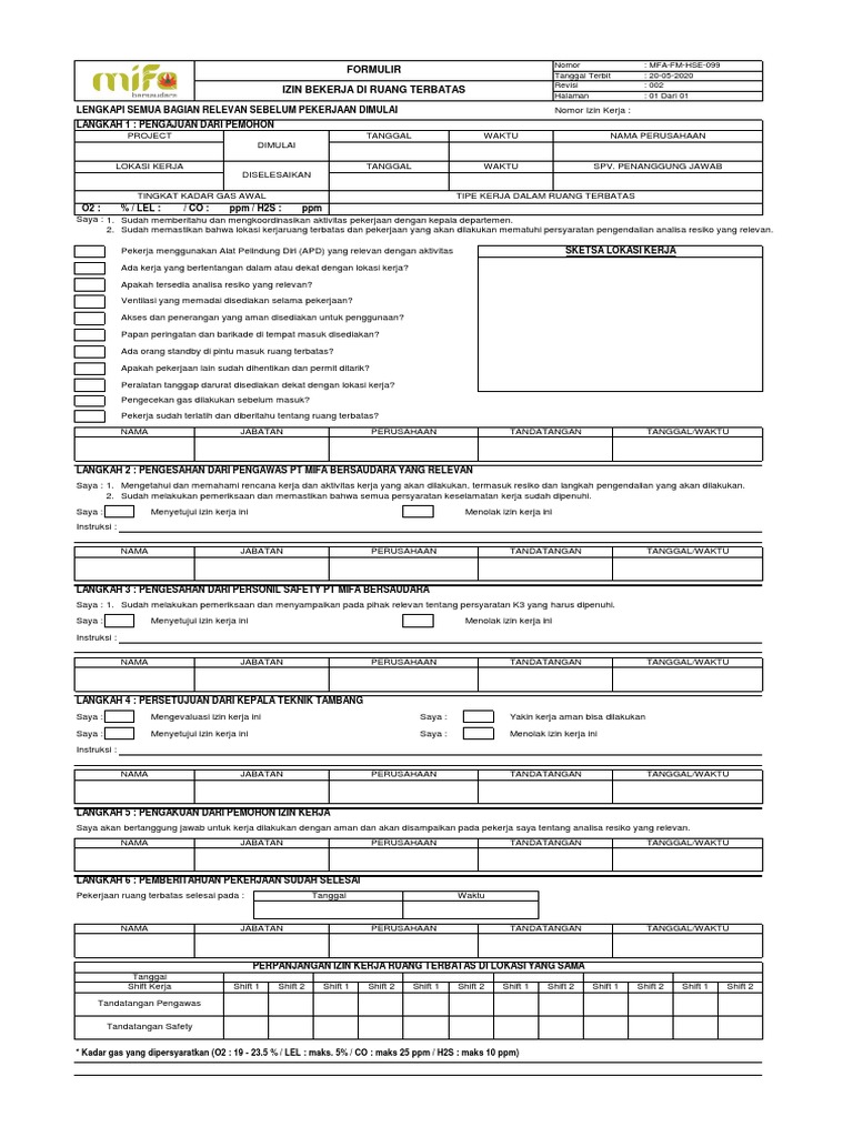 MFA-FM-HSE-099 - 02 Formulir Izin Bekerja Di Ruang Terbatas | PDF