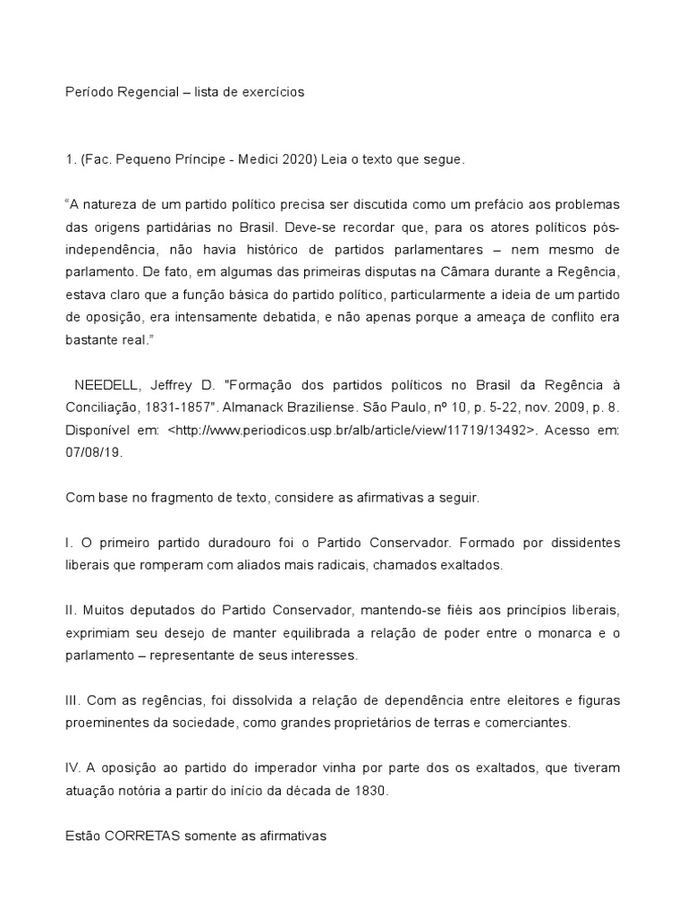 lista de exercícios período regencial | PDF | Brasil | Escravidão