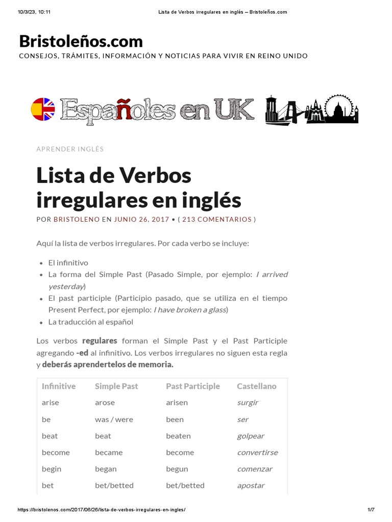 Lista de Verbos Irregulares en Inglés | PDF | Tipología Lingüística ...