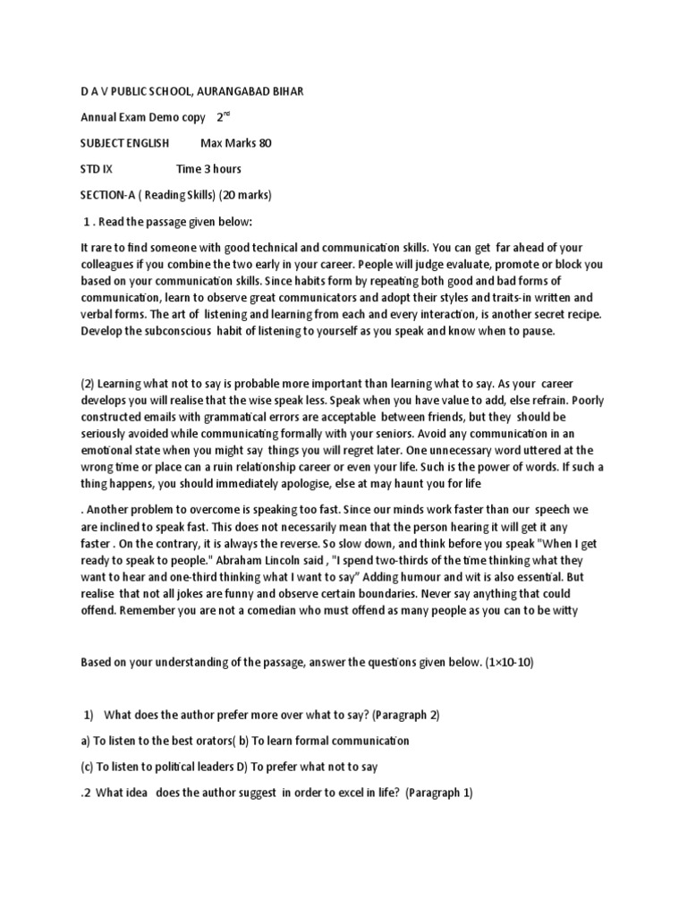 Eng Class 9 Set 2 Paper Pdf Ice Communication