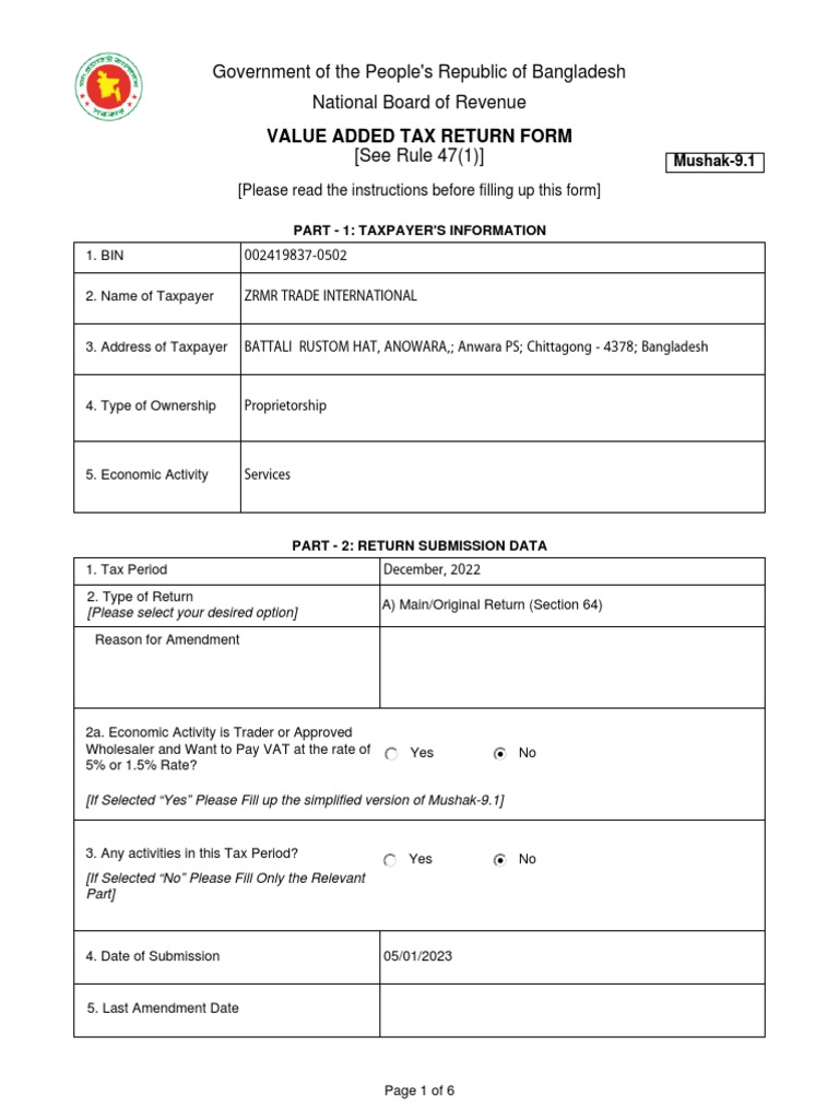 Mushak-9.1 VAT Return Form Guide | PDF | Value Added Tax | Taxes