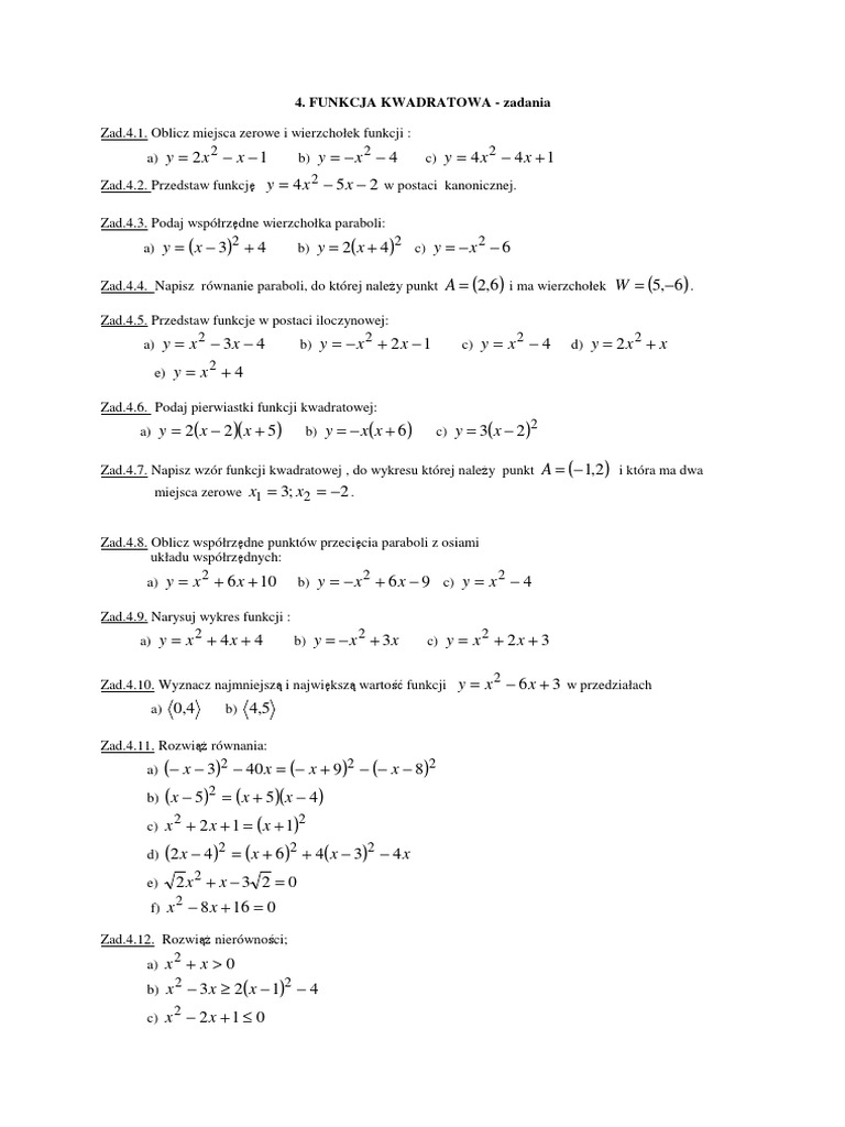 Funkcja kwadratowa zadania pdf