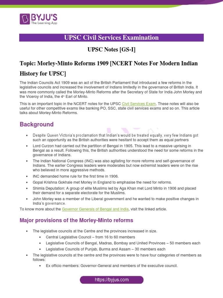 Morley Minto Reforms 1909 Ncert Notes For Modern Indian History For